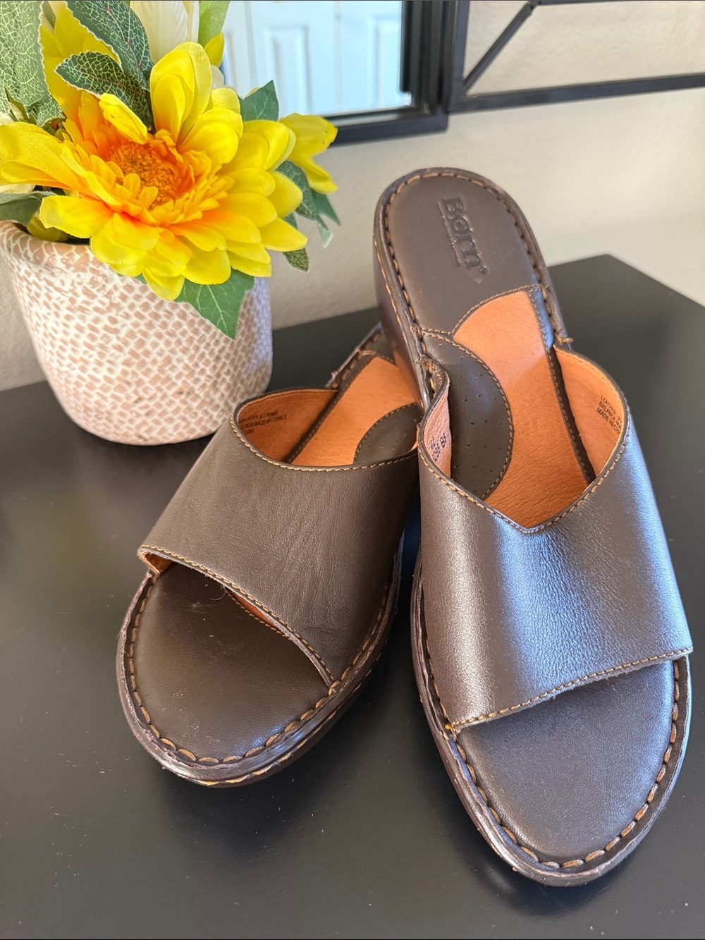 Born Leather Slip On Mule Wedge Sandals